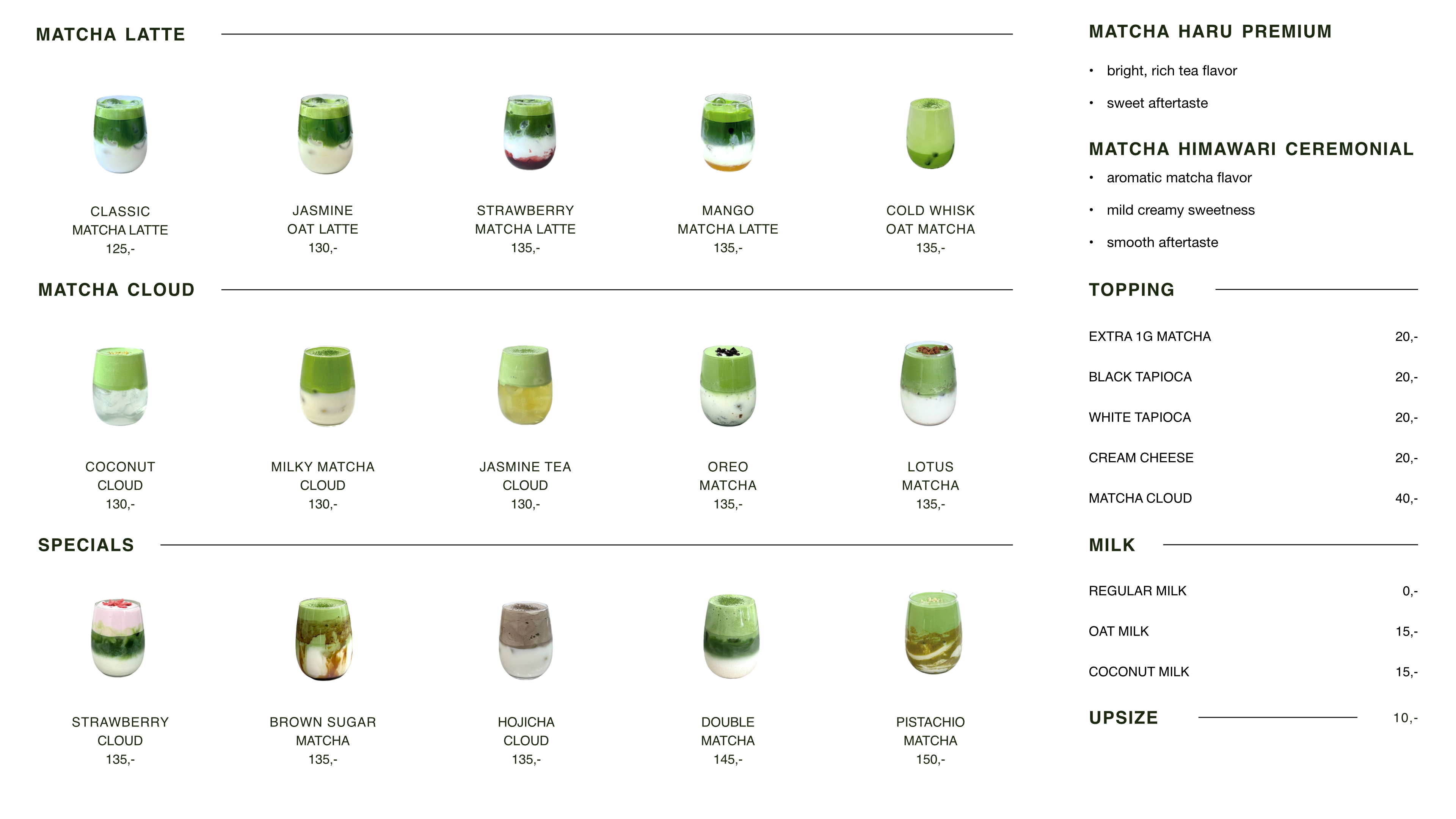 Menu Teacha s matcha latte, matcha obláčky, specialitami, přísadami, mlékem a větší velikostí